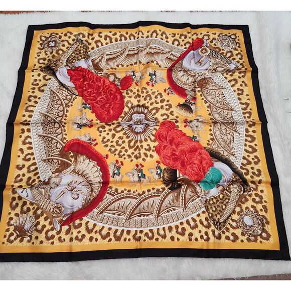 NEW Hermes Scarf 90 "CASQUES ET PLUMES" Yellow 100% Silk Scarf 35"